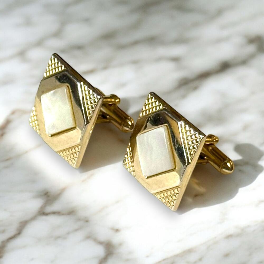 Vintage Swank Cufflinks Mens Gold Tone Mother of Pearl Geometric MCM Deco Bullet